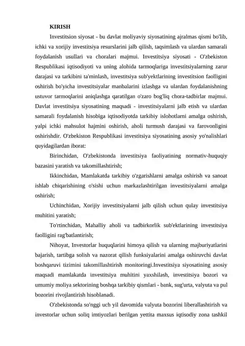 OʻZBEKISTON RESPUBLIKASINING INVESTITSIYA SIYOSATI 2