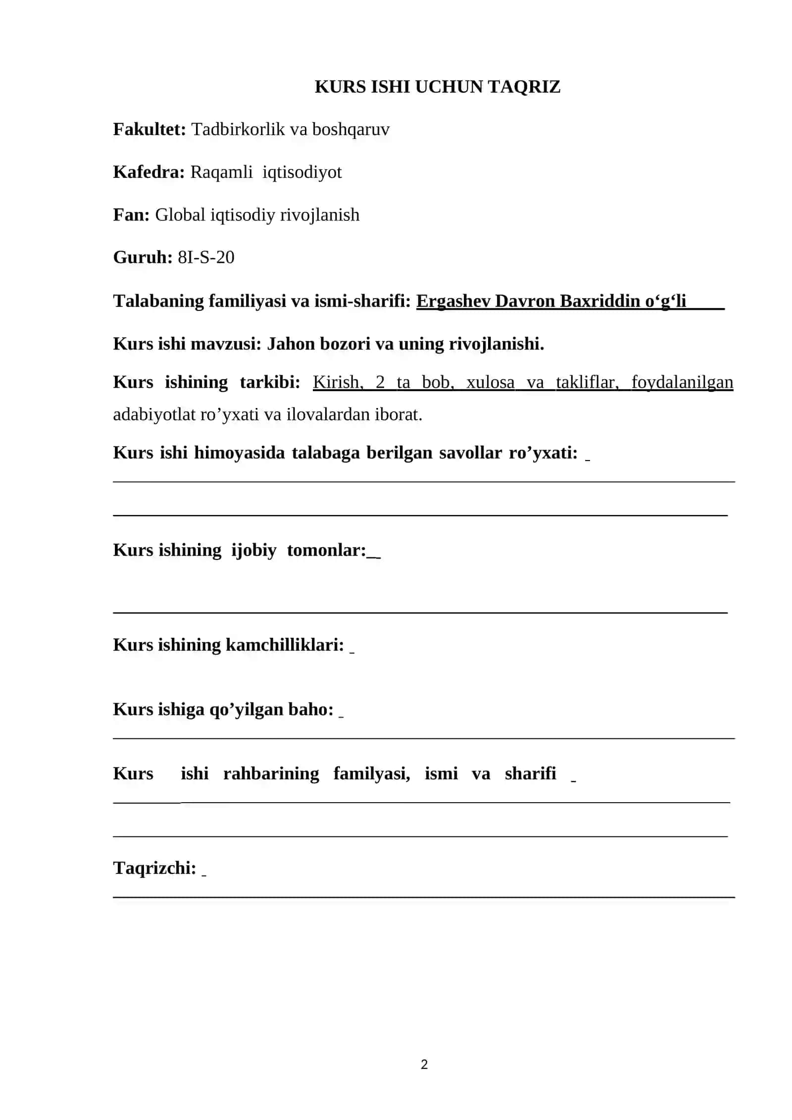Jahon bozori va uning rivojlanishi 2