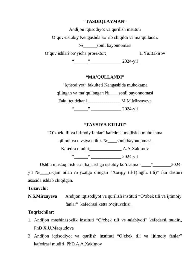 “XORIJIY TIL” (INGLIZ TILI) (sirtqi) FANIDAN 1-KURS (SIRTQI) “YO‘L MUHANDISLIGI” YO‘NALISHI TALABALARI UCHUN NAZORAT ISHLARINI BAJARISHIGA OID USLUBIY KO’RSATMA 2