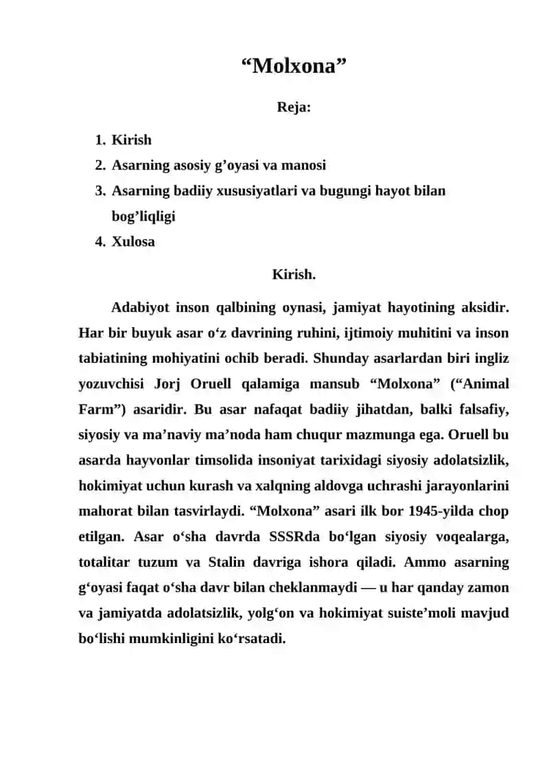 “MOLXONA” asari haqida esse 2