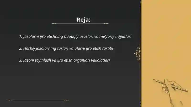 Harbiy xizmatchilarga nisbatan qo’llaniladigan jazolarni ijro etish tartibi va shartlari 2