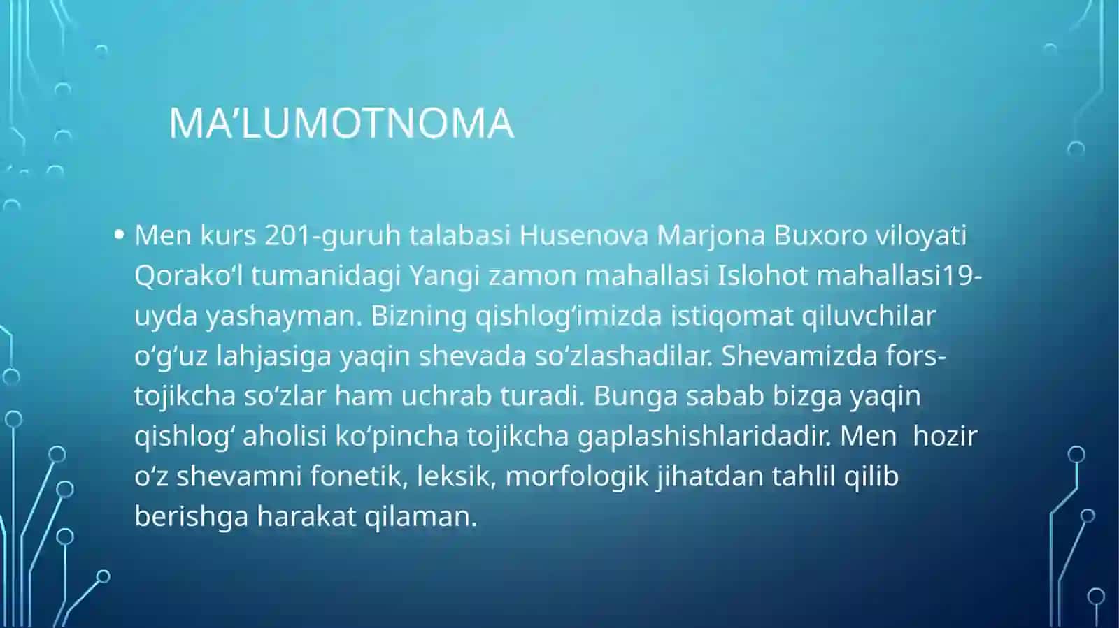 Buxoro viloyati Qorakoʻl tumanidagi Yangi zamon mahallasi oʻgʻuz shevasi haqida 2