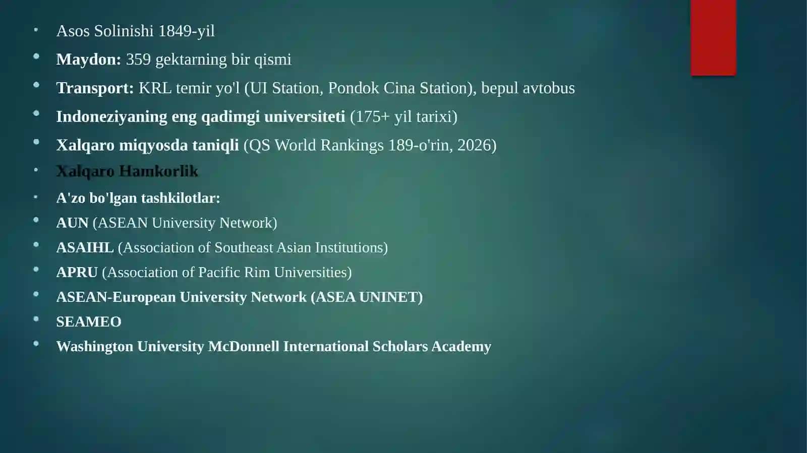 Indoneziya davlatining Universitas Indonesia (UI)  universiteti ta’lim tizimi. 2