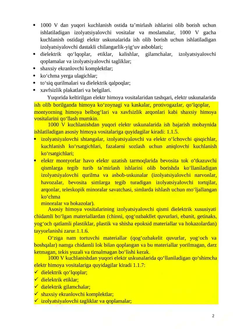 Elektr uskunalaridan foydalaniladigan himoya vositalarining turlari 2