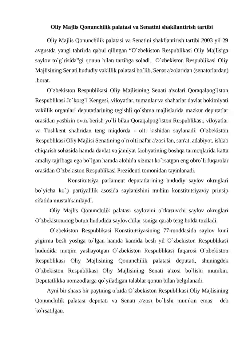 Oliy Majlis Qonunchilik Palatasi va Senatining Huquqiy Maqomi va Ichki Tuzilishi 2