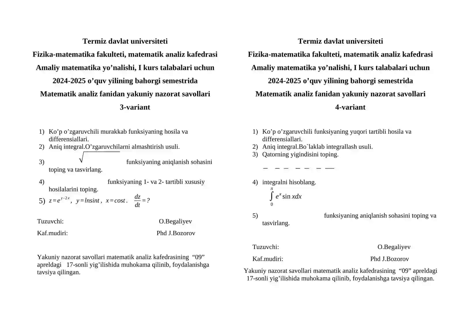 Matematik analiz fanidan yakuniy nazorat savollari 2