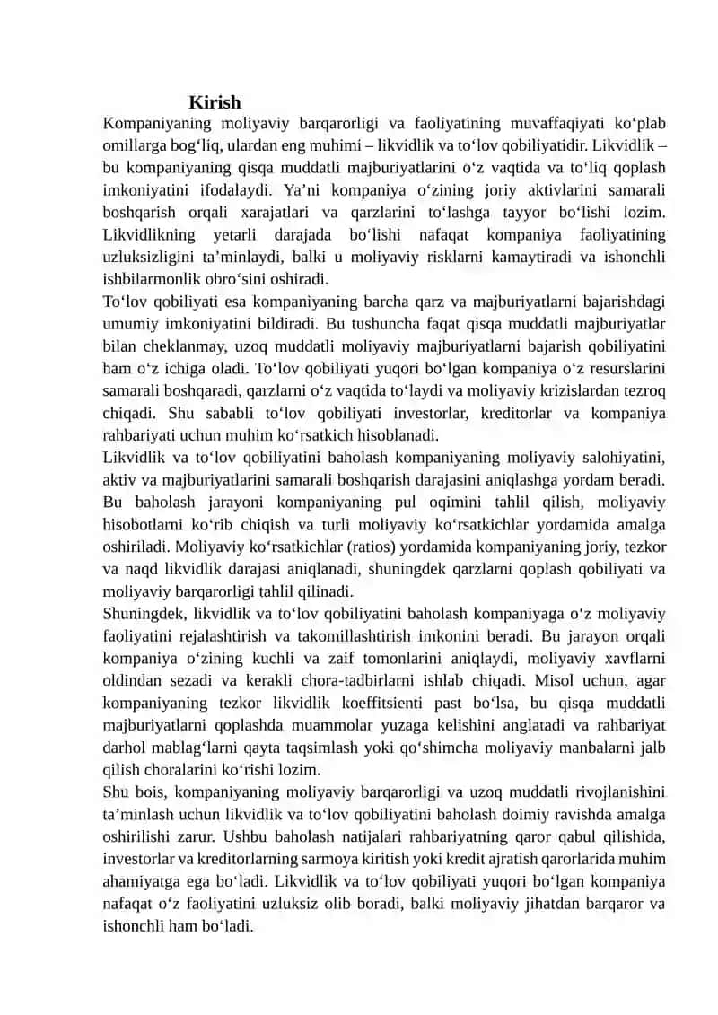 Likvidlik va To'lov Qobiliyatini Baholash Usullari 2