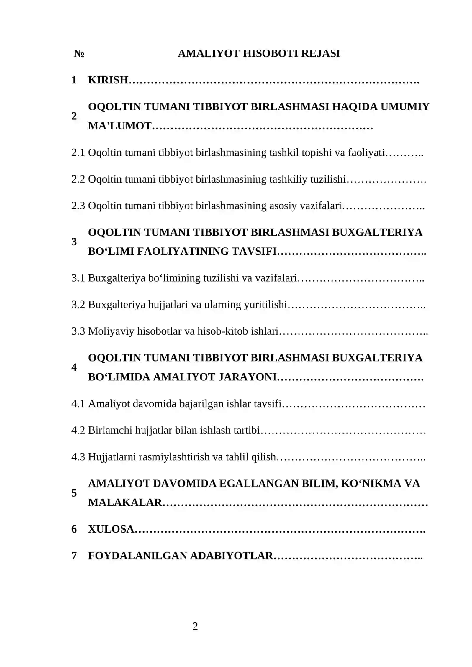 TIBIYOT BIRLASHMASI  amaliyot hisoboti 2