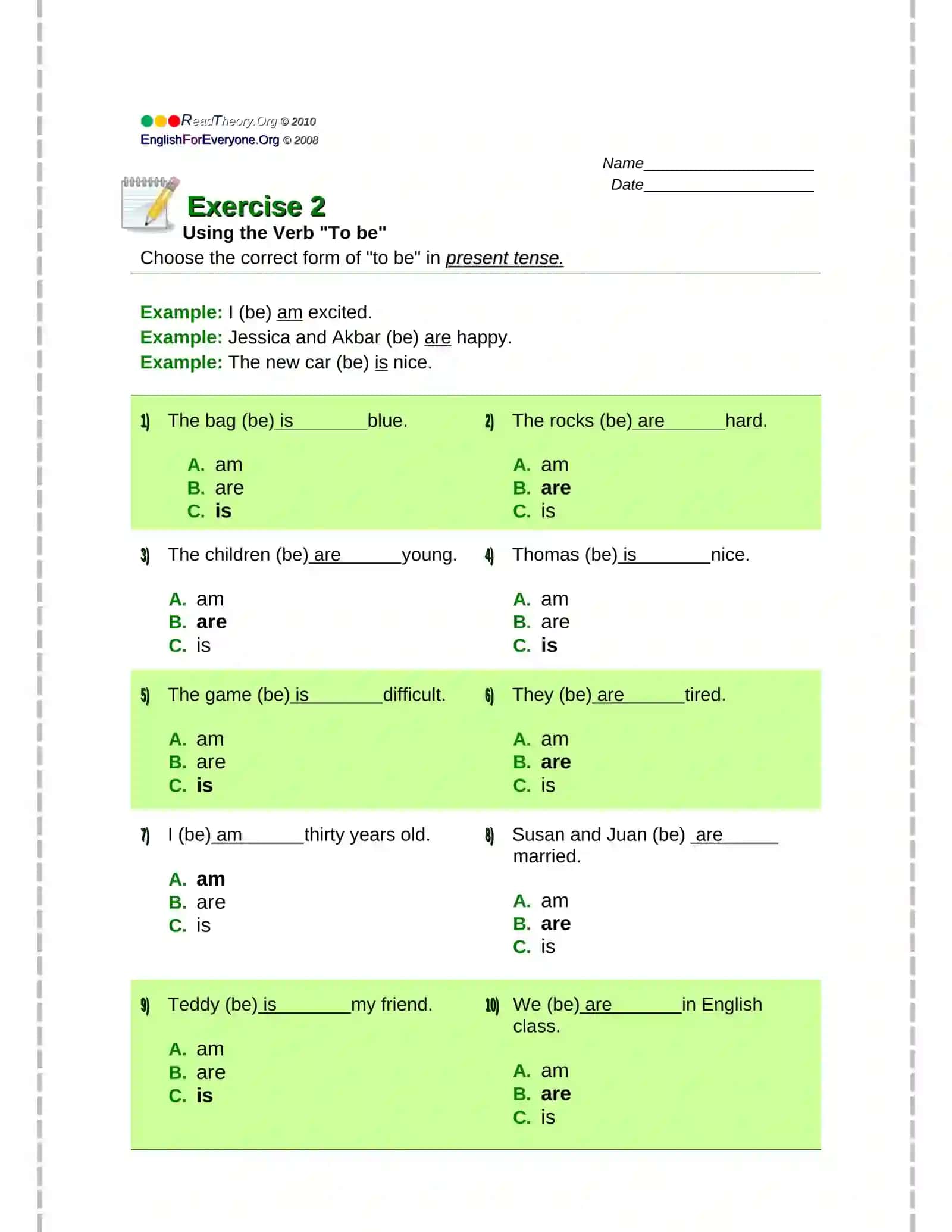 Exercise 1 Using the Verb "To be" 2