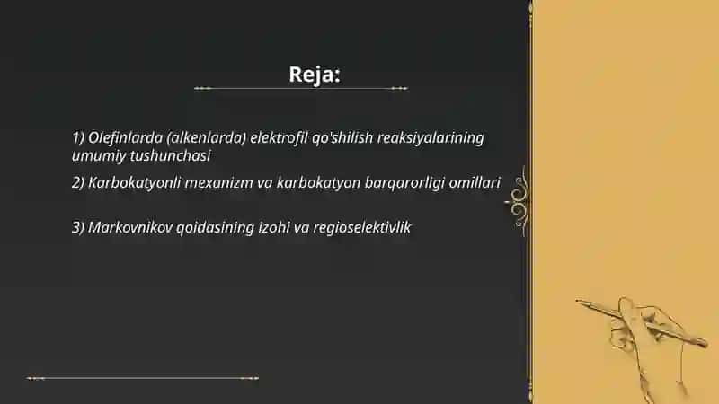 Olefinlar birikmalardagi elektrofil reaksiyalar 2