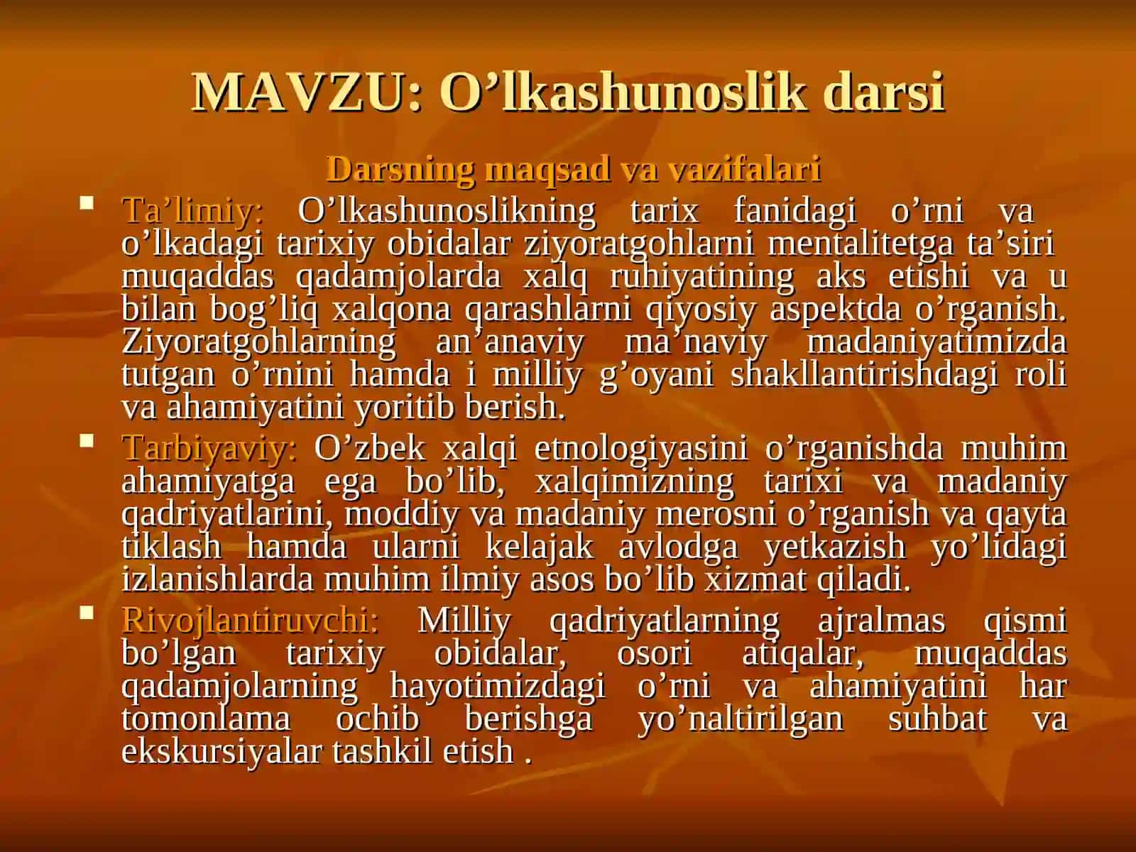 O’lkashunoslik darsi 2