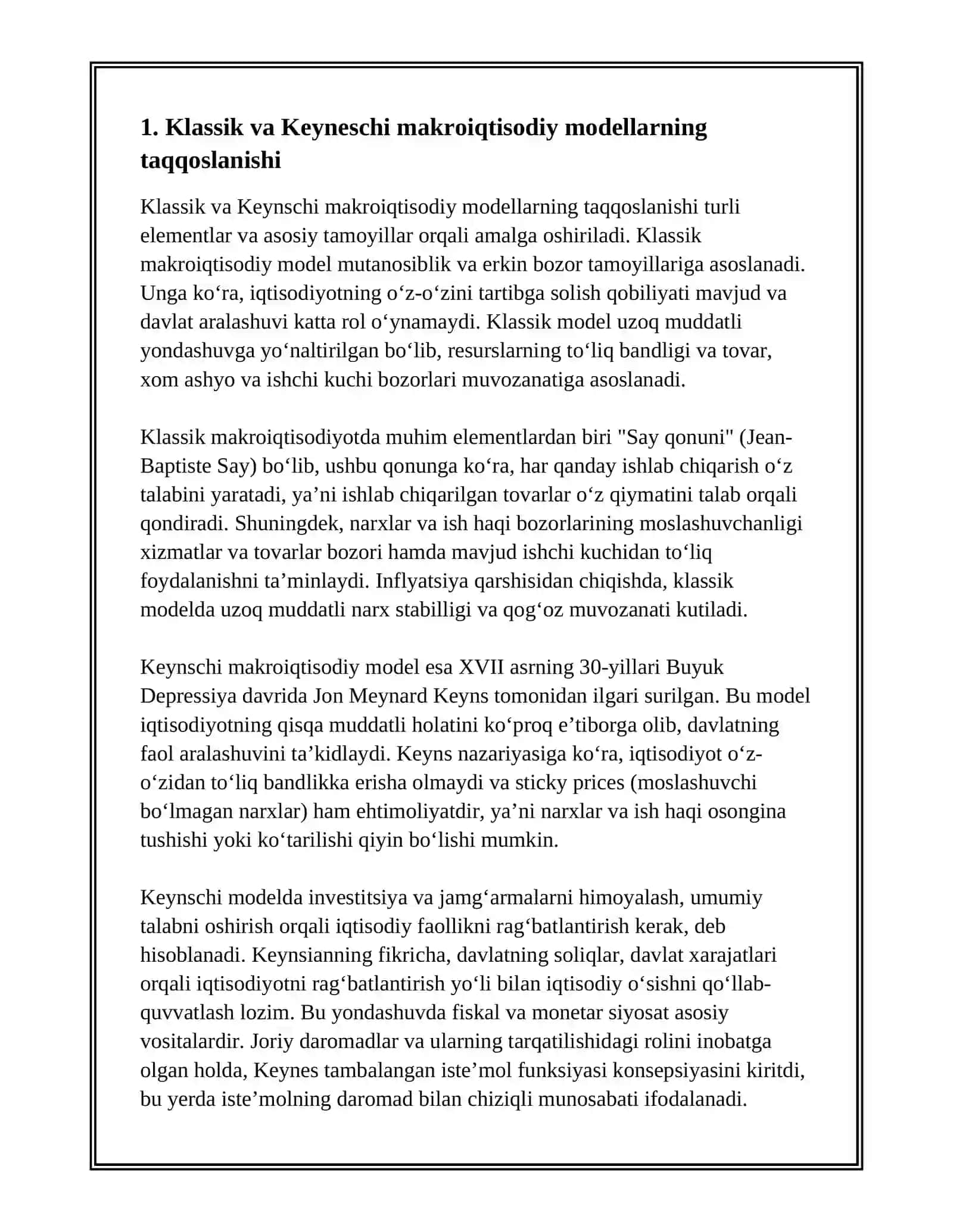 ASOSIY MAKROIQTISODIY MODELLARNING QIYOSIY TAHLILI 2