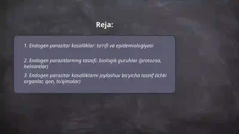 Endogen parazitar kasalliklar, klassifikatsiyasi, patogenezi, laboratoriya tashxisi 2