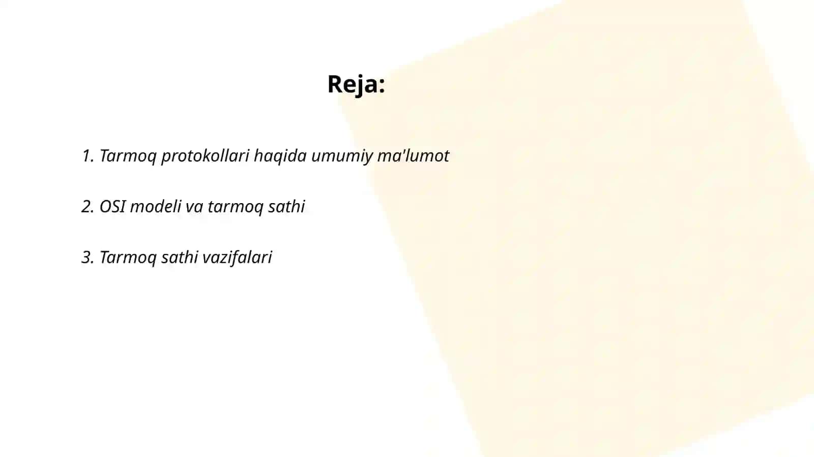 Tarmoq protokollari.Tarmoq sathi.Tarmoq sathi vazifalarini va tarmoq texnologiyalarini oʻrganish.Tarmoqlararo oʻzaro ishlash va qurilmalar tavsifi:takrorlagichlar,konsentratorlar,marshrutizatorlar,koʻpriklar,kommutatorlar va shlyuzlar.IPv4 protokolining tuzilishi.Manzillash:Internet- manzili,sinfli manzillash 2