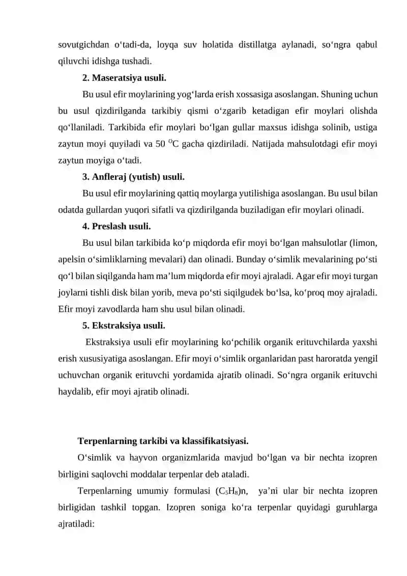 Terpenlar. Efir moylari. 2