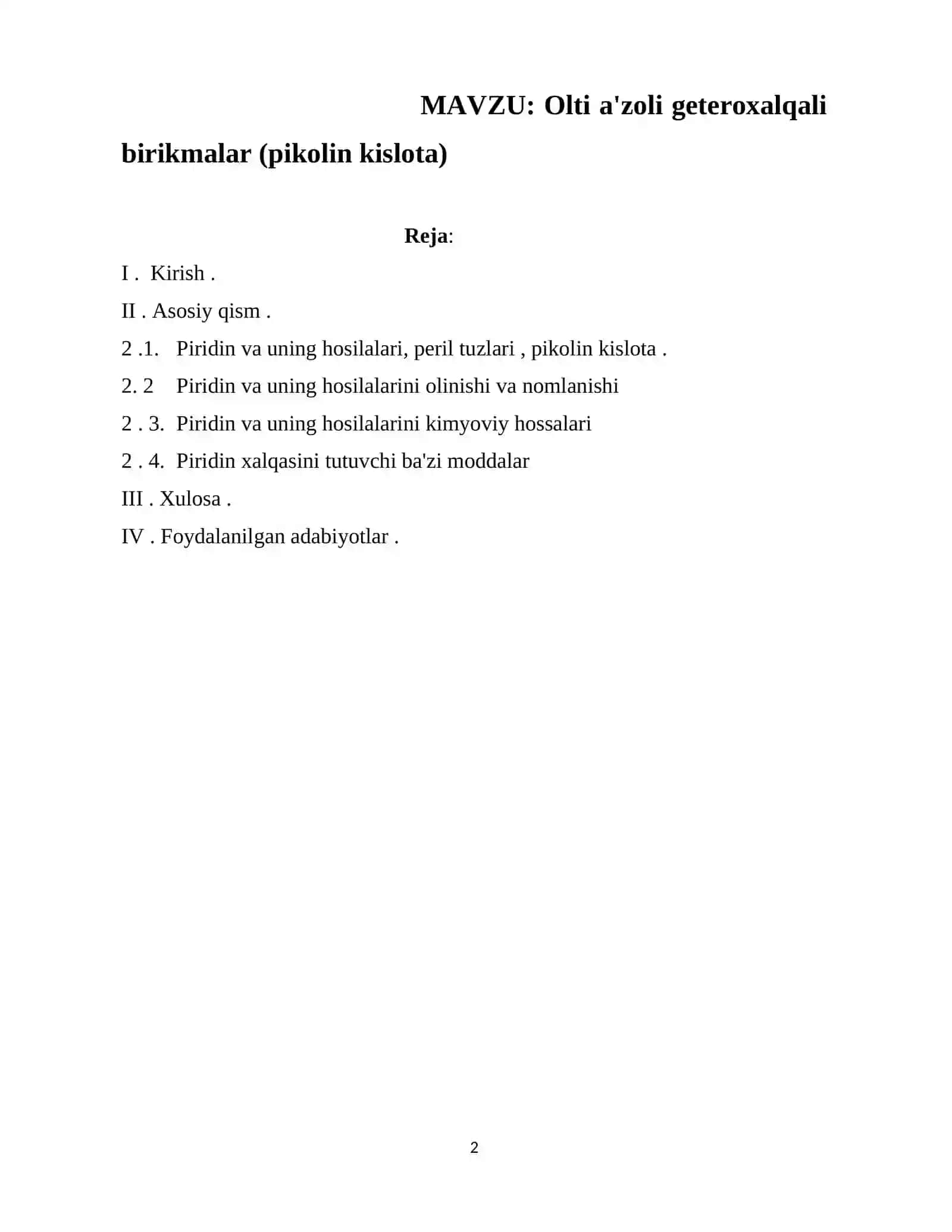 Olti a'zoli geteroxalqali birikmalar (pikolin kislota) 2