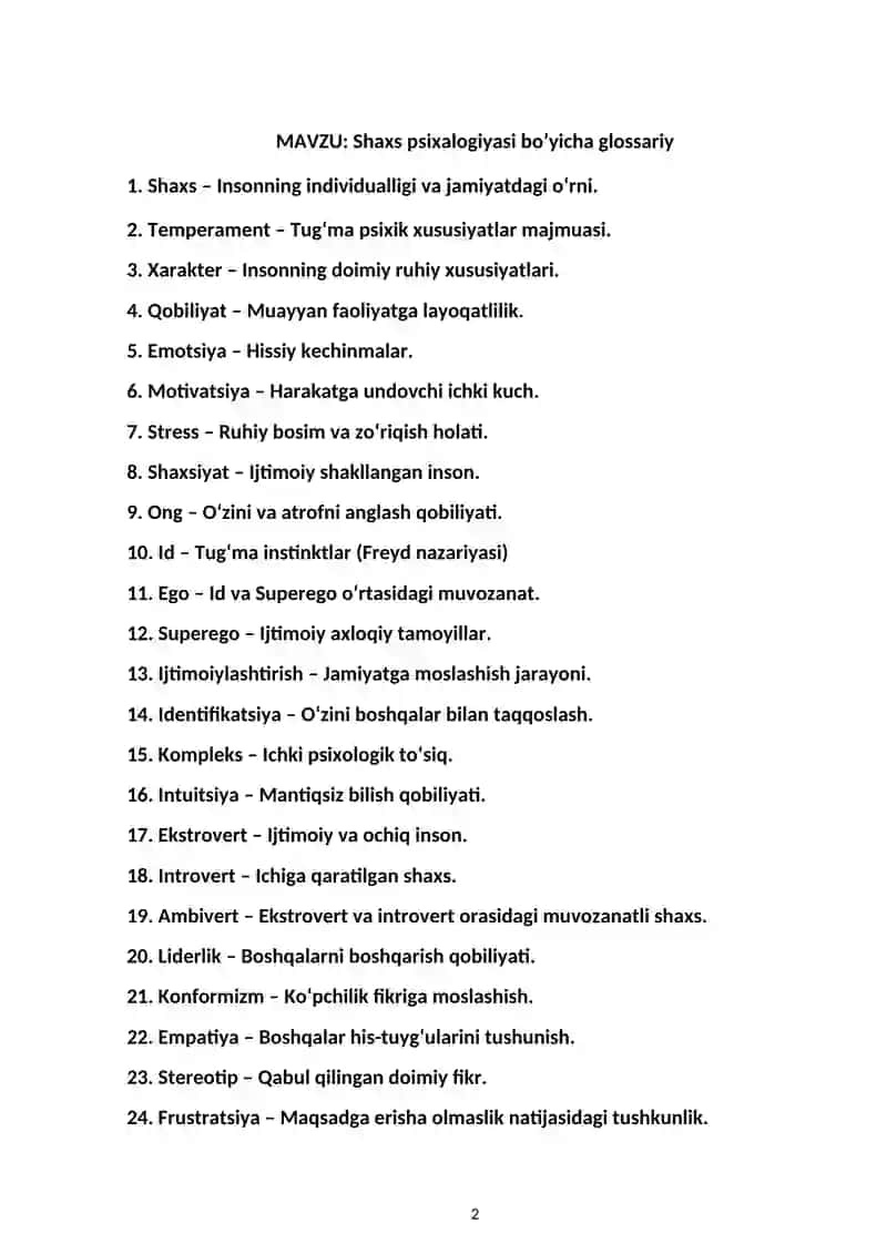 Shaxs psixologiyasi bo'yicha glossariy 2