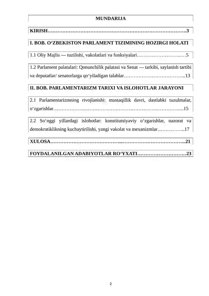 Oʻzbekistonda parlament tizimi undagi islohotlar 2