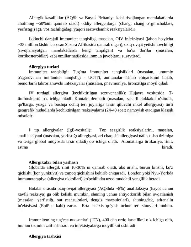 Allergiya. Immundefitsit holatlar. 2
