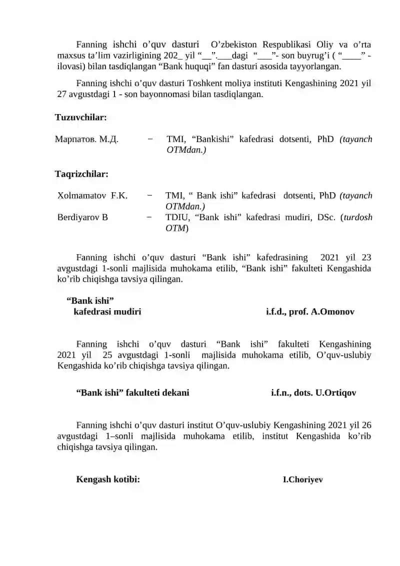 BANK HUQUQI ISHCHI O’QUV DASTURI 2