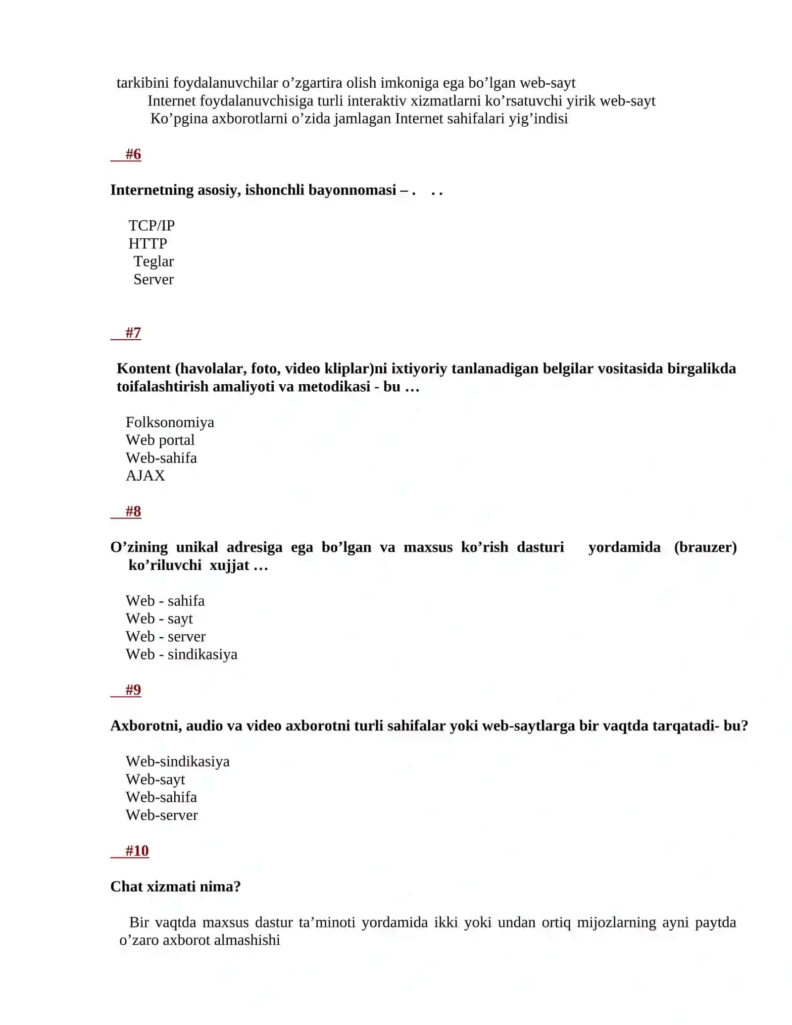 Axborot texnologiyalar fanidan testlar 2