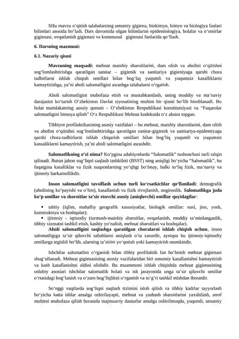Umumiy kasallanishni kamaytirish, kasbdan zaharlanish va kasb kasalliklarining oldini olishga qaratilgan sog’lomlashtirish chora tadbirlari ishlab chiqish 2