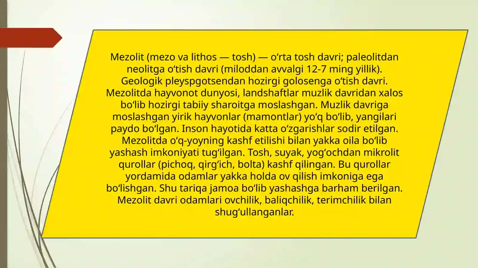 Qadimgi dunyoning turli hududlarida ishlab chiqarishning rivojlanish darajasini taqqoslash(mezolit, neolit, eneolit, bronza, ilk temir davri) 2