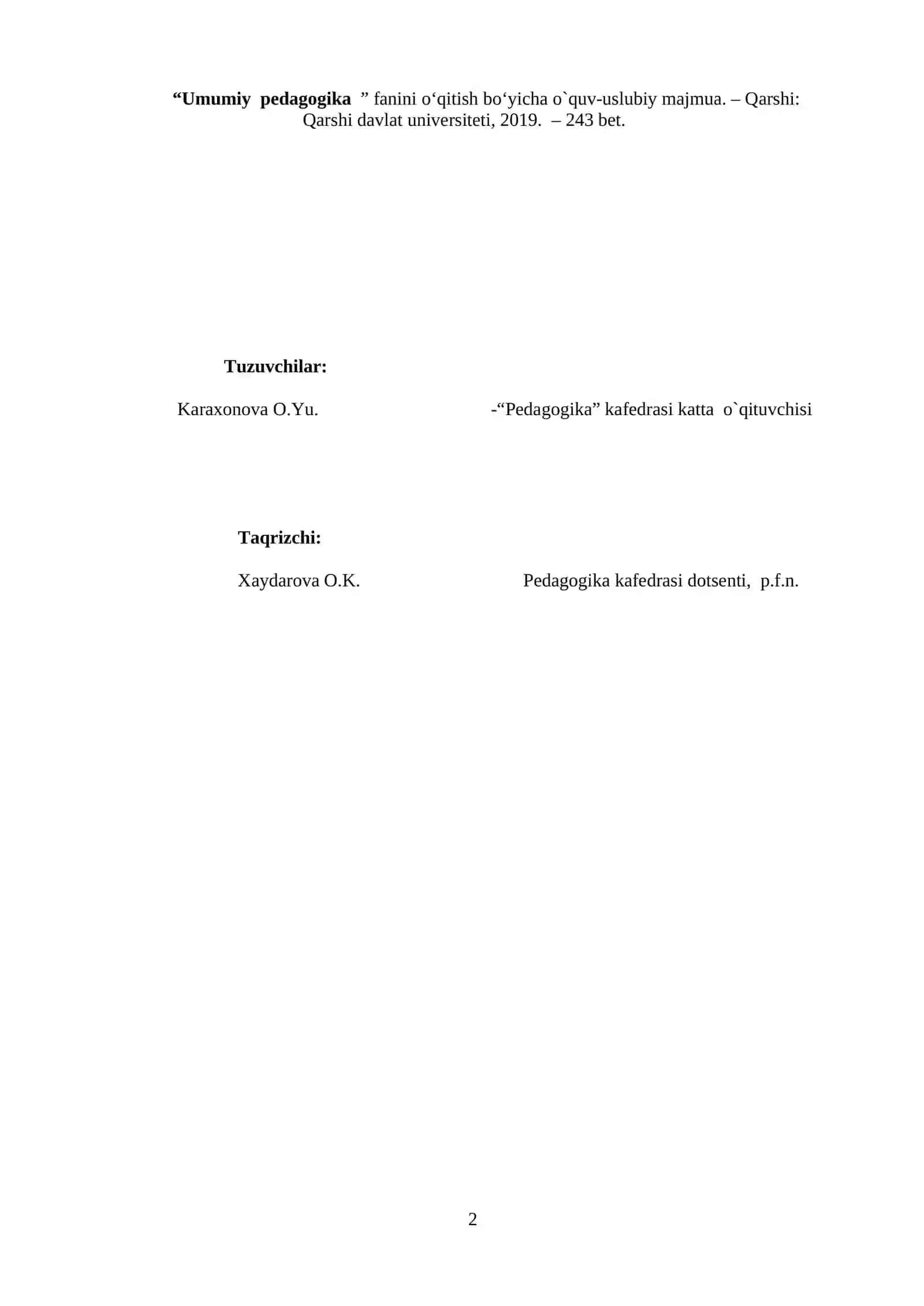 Umumiy pedagogika fanidan o`quv-uslubiy majmua 2