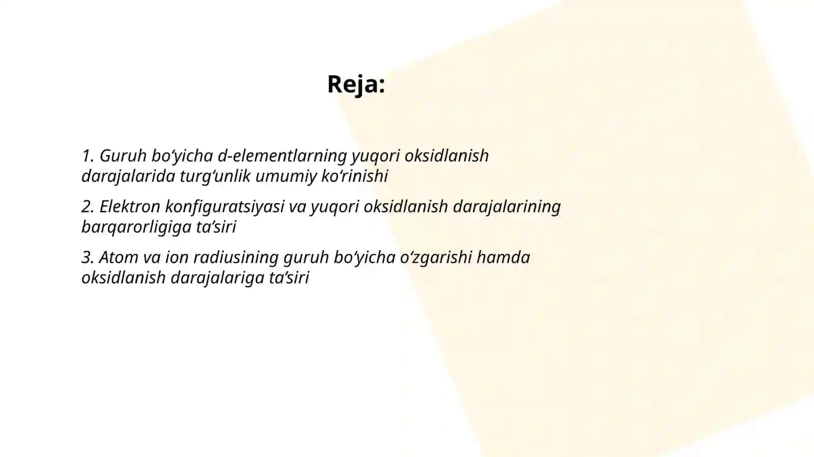 D-elementlar atomlarining yuqori oksidlanish darajasidagi birikmalar turgunligining guruhlarda o'zgarishi 2