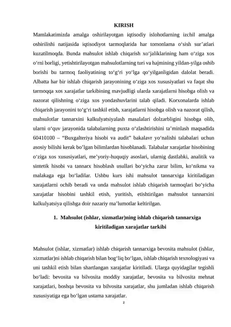 MAHSULOT TANNARXIGA KIRITILADIGAN XARAJATLAR HISOBI 2