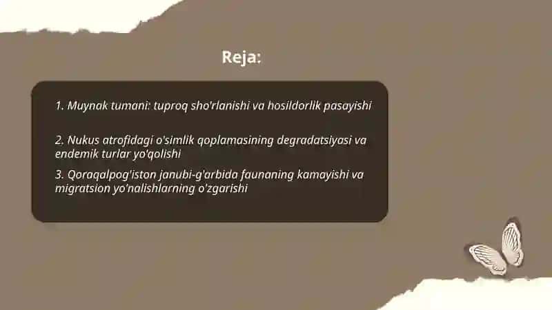 Orol fojiasi natijasida tuproq, florasi, faunasi zarar ko'rgan hududlar 2