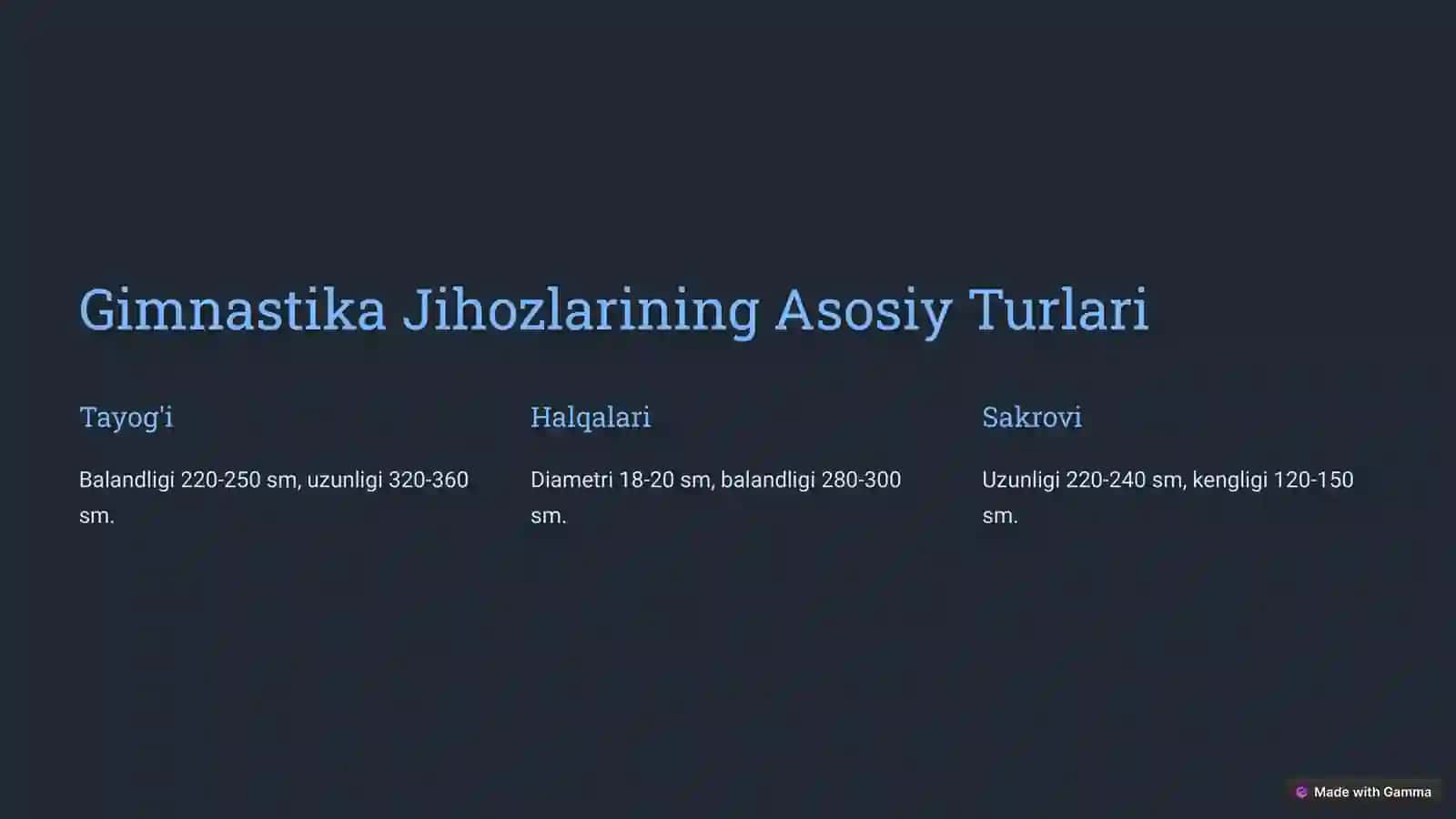 Gimnastika Jihozlari va Ularing O'lchamlari 2
