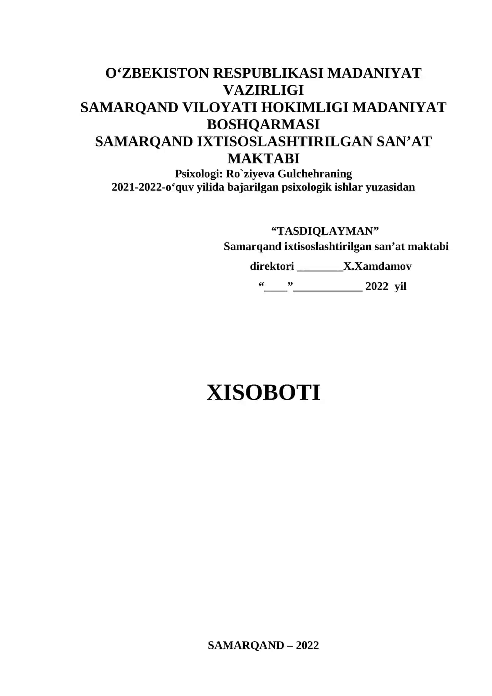 Psixologik ishlar yuzasidan Hisobot 2