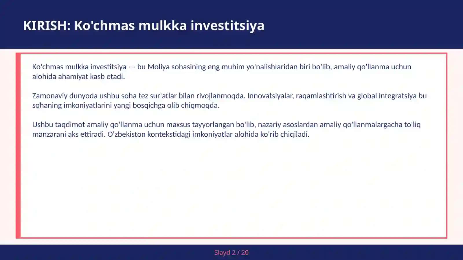 Ko'chmas Mulkka Investitsiya 2
