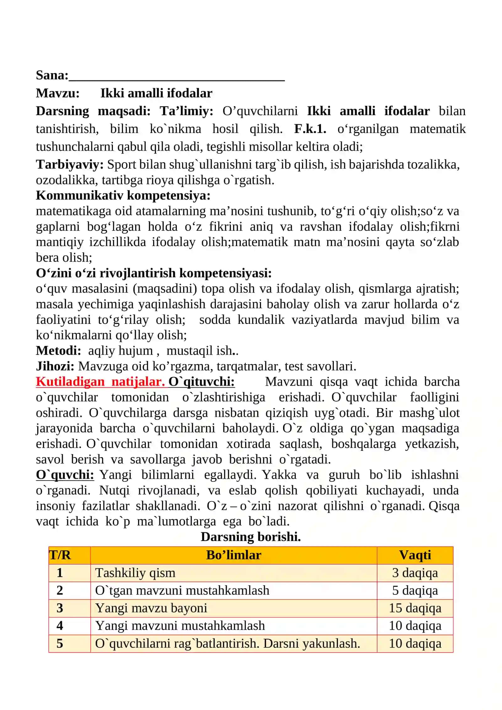 Ikki amalli ifodalar mavzusida 2-sinf matematika fanidan dars ishlanmasi 2