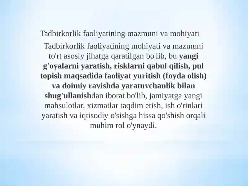 Tadbirkorlik faoliyati tushunchasi 2