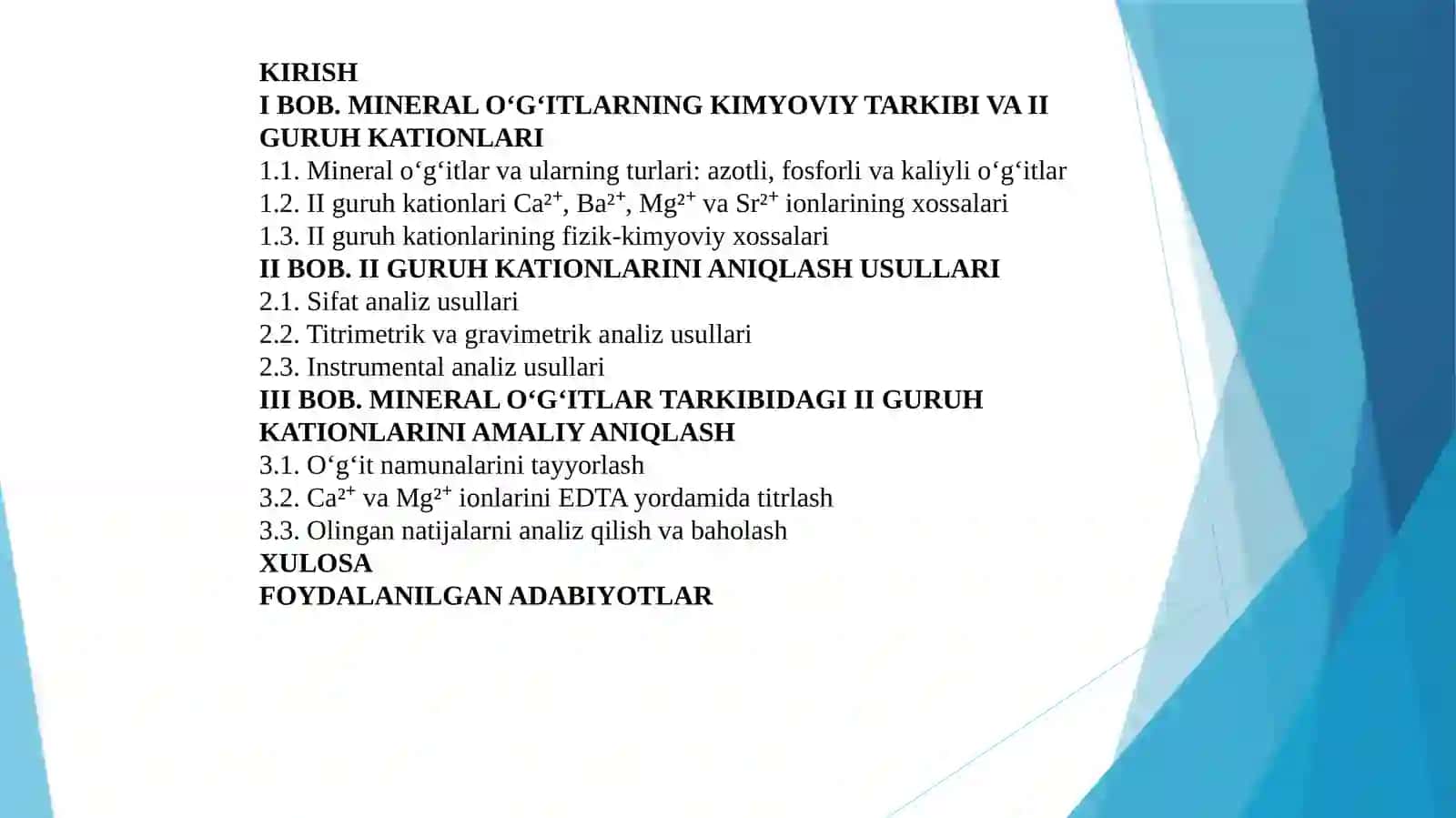 Mineral oʻgʻitlar tarkibidagi guruh kationlarini aniqlashusullari 2