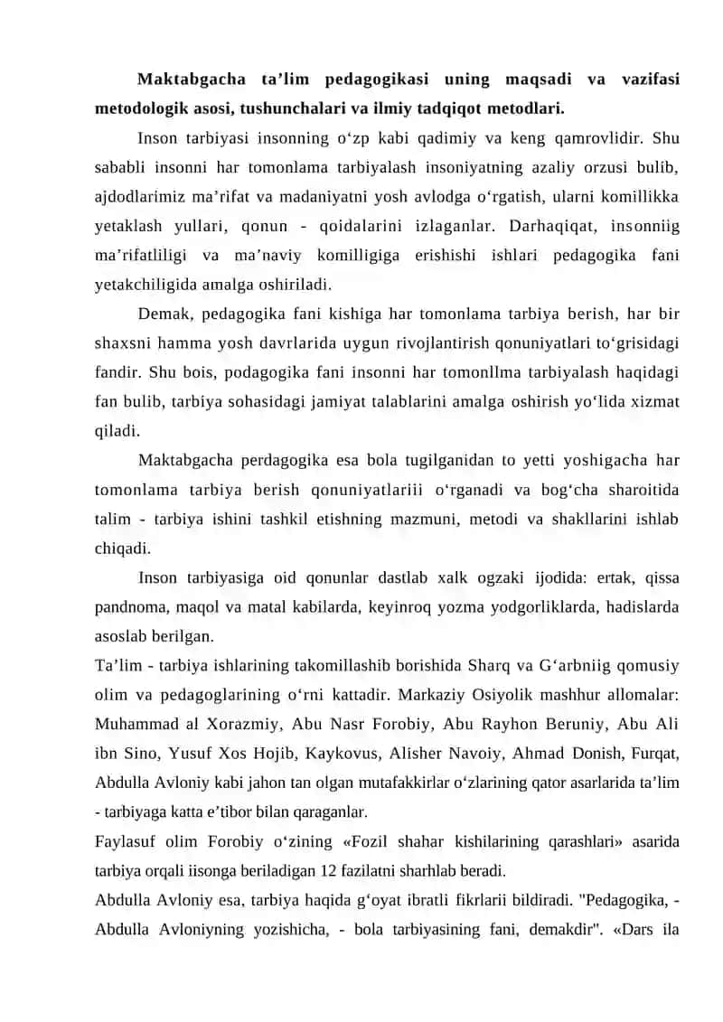 Maktabgacha ta’lim pedagogikasi fanining mavzusi 2