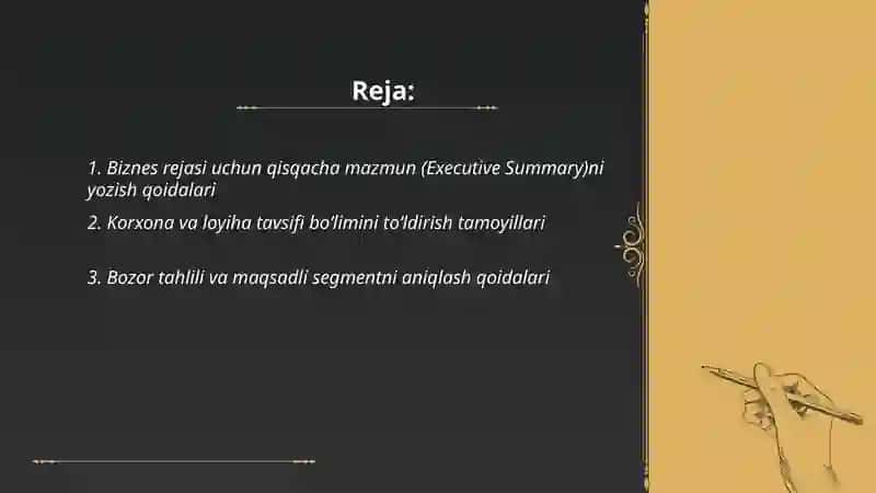 Biznes rejaning tarkibiy qismlari va ularni to‘ldirish qoidalari 2