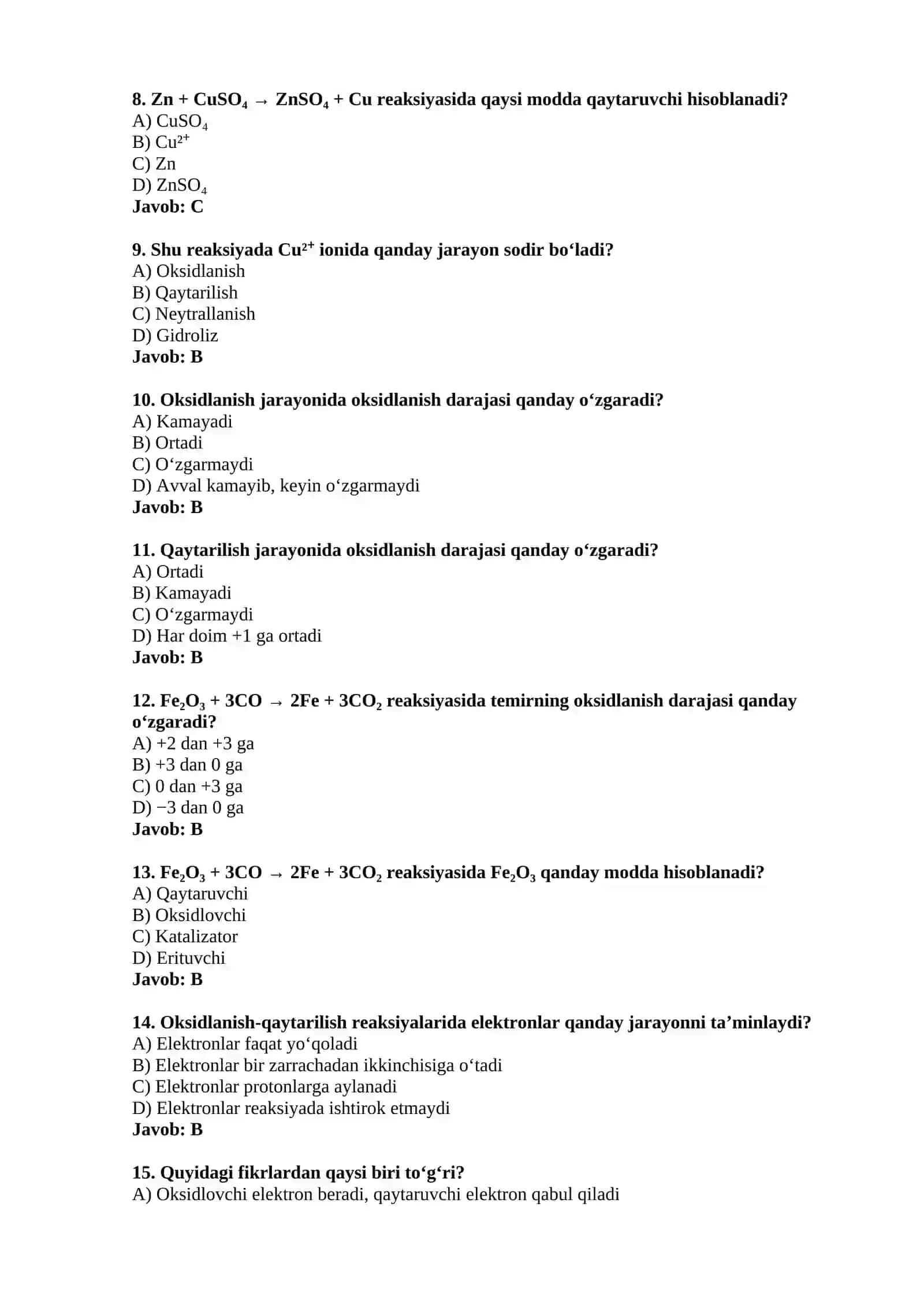 Oksidlanish-qaytarilish reaksiyalari test savollari 2