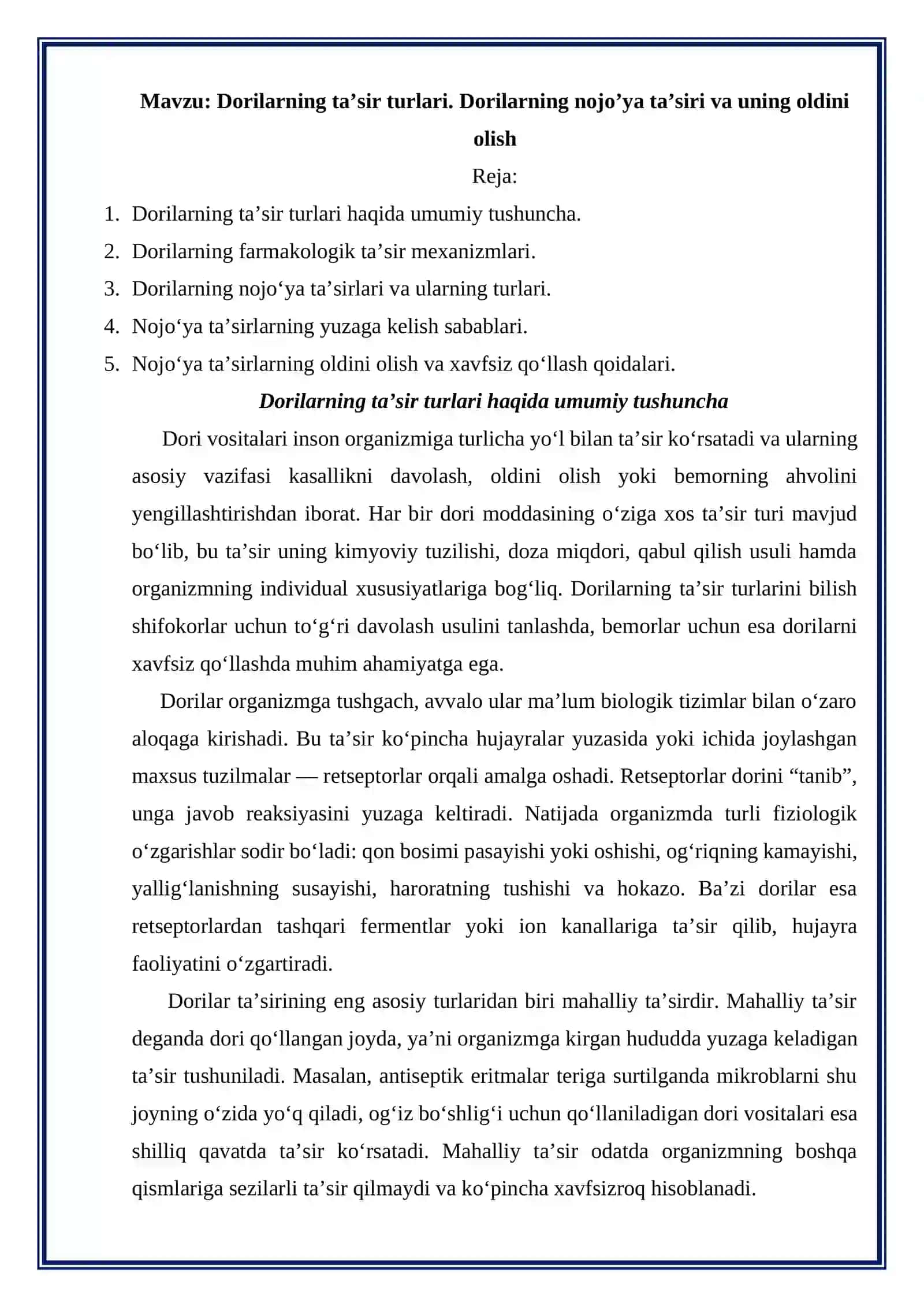 Dorilarning ta’sir turlari. Dorilarning nojo’ya ta’siri va uning oldini olish 2