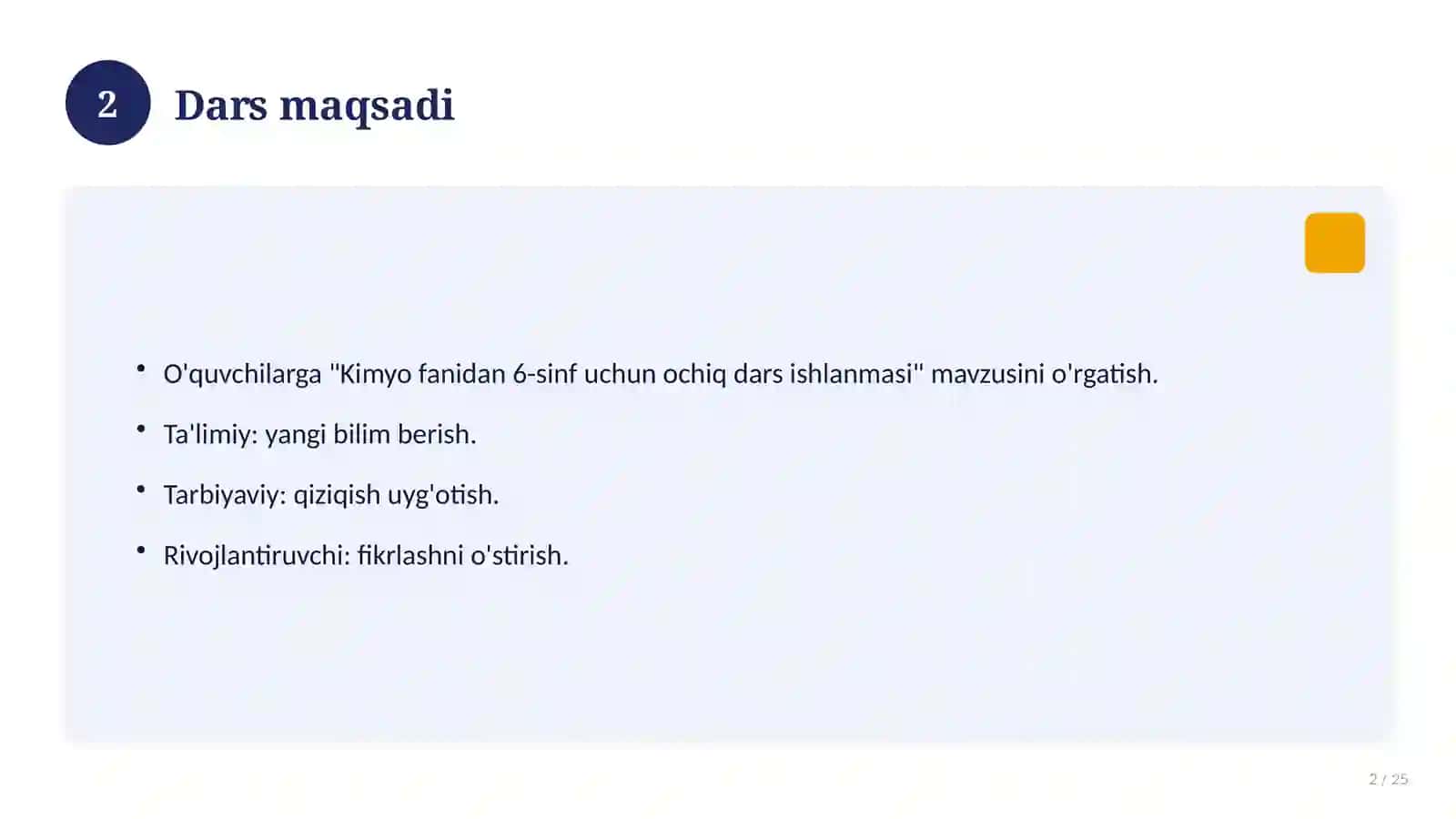 Kimyo fanidan 6-sinf uchun ochiq dars ishlanmasi 2