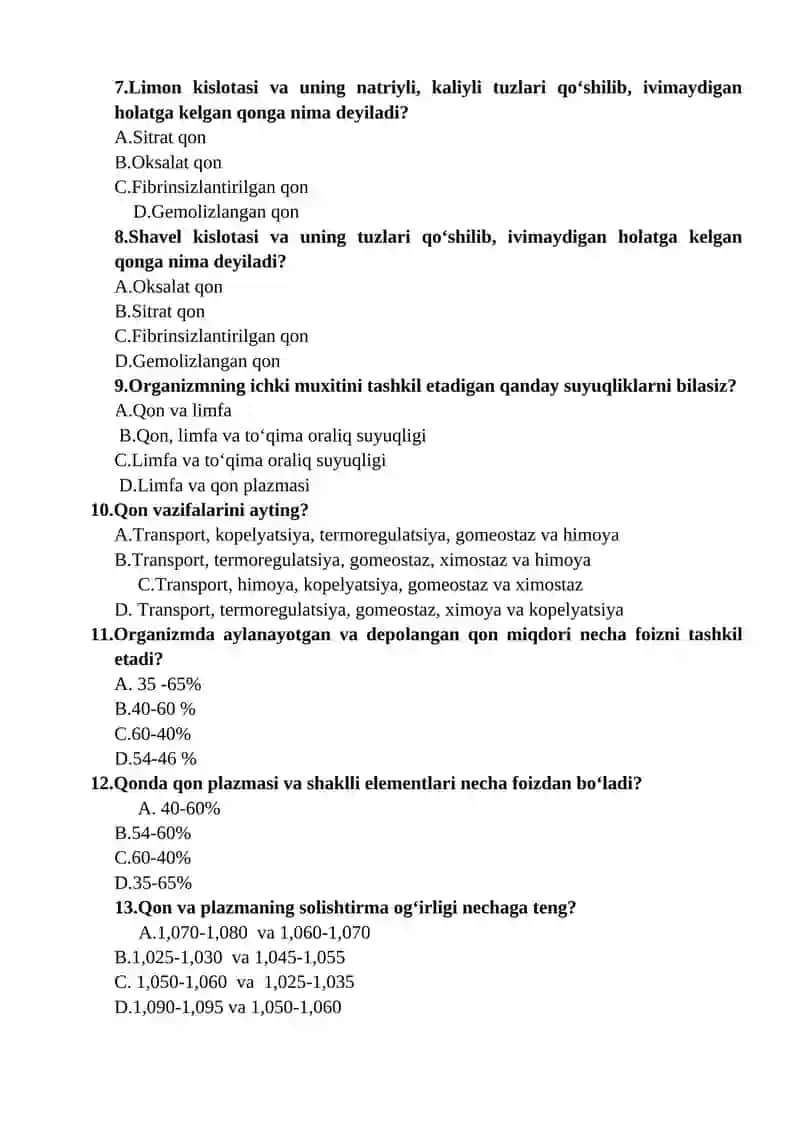 Hayvonlar fiziologiyasi fanidan yakuniy nazorat savollari va javoblari 2