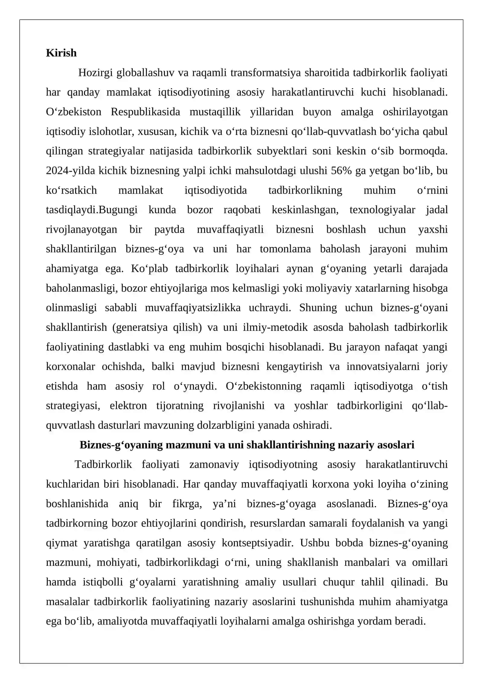 Biznes-g‘oyani shakllantirish va uni baholash jarayoni 2