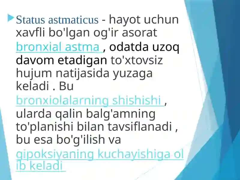Status astmaticus: ta'rifi, tasnifi, diagnostikasi va differentsial diagnostikasi, intensiv davolash asoslari 2