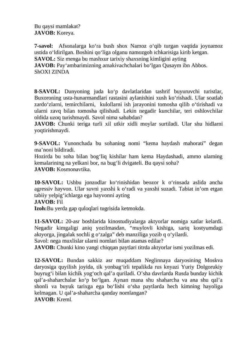 Zakovat o‘yini uchun o‘rta darajali 24 dona savollar to‘plami. 2
