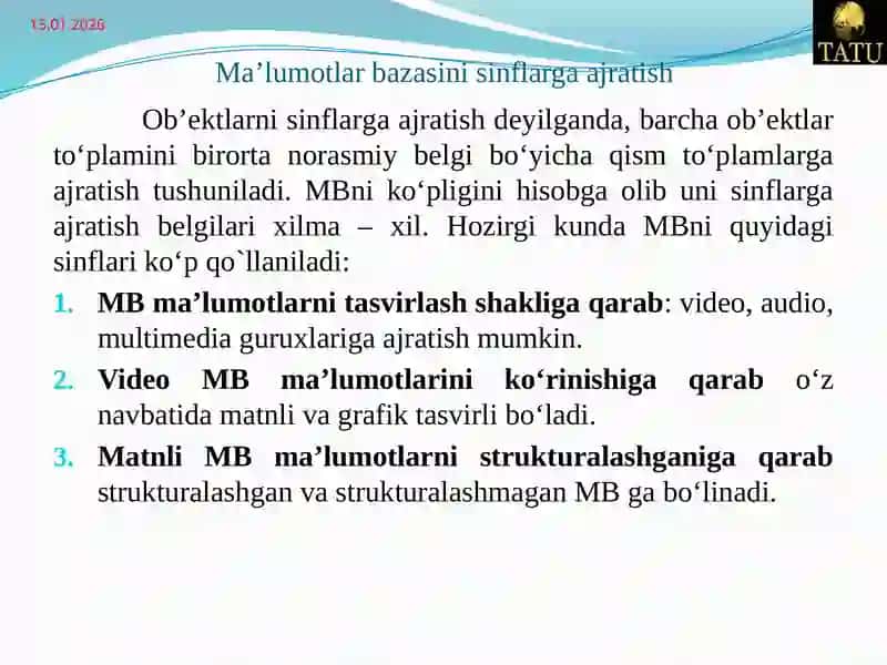 Ma'lumotlarning tarifi va tur vaqayta ishlash bosqichlari 2