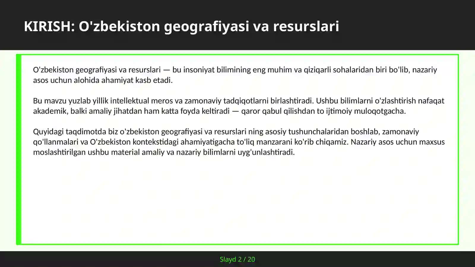 O'ZBEKISTON GEOGRAFIYASI VA RESURSLARI 2
