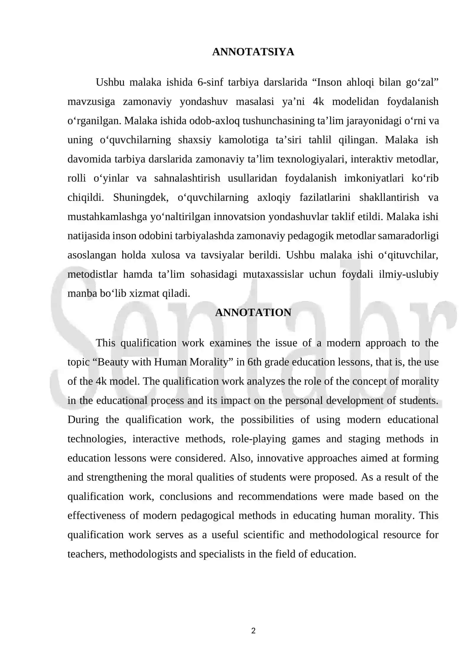 6-sinflarda "Inson axloqi bilan goʻzal"mavzusini 4K moduli boʻyicha yoritish 2