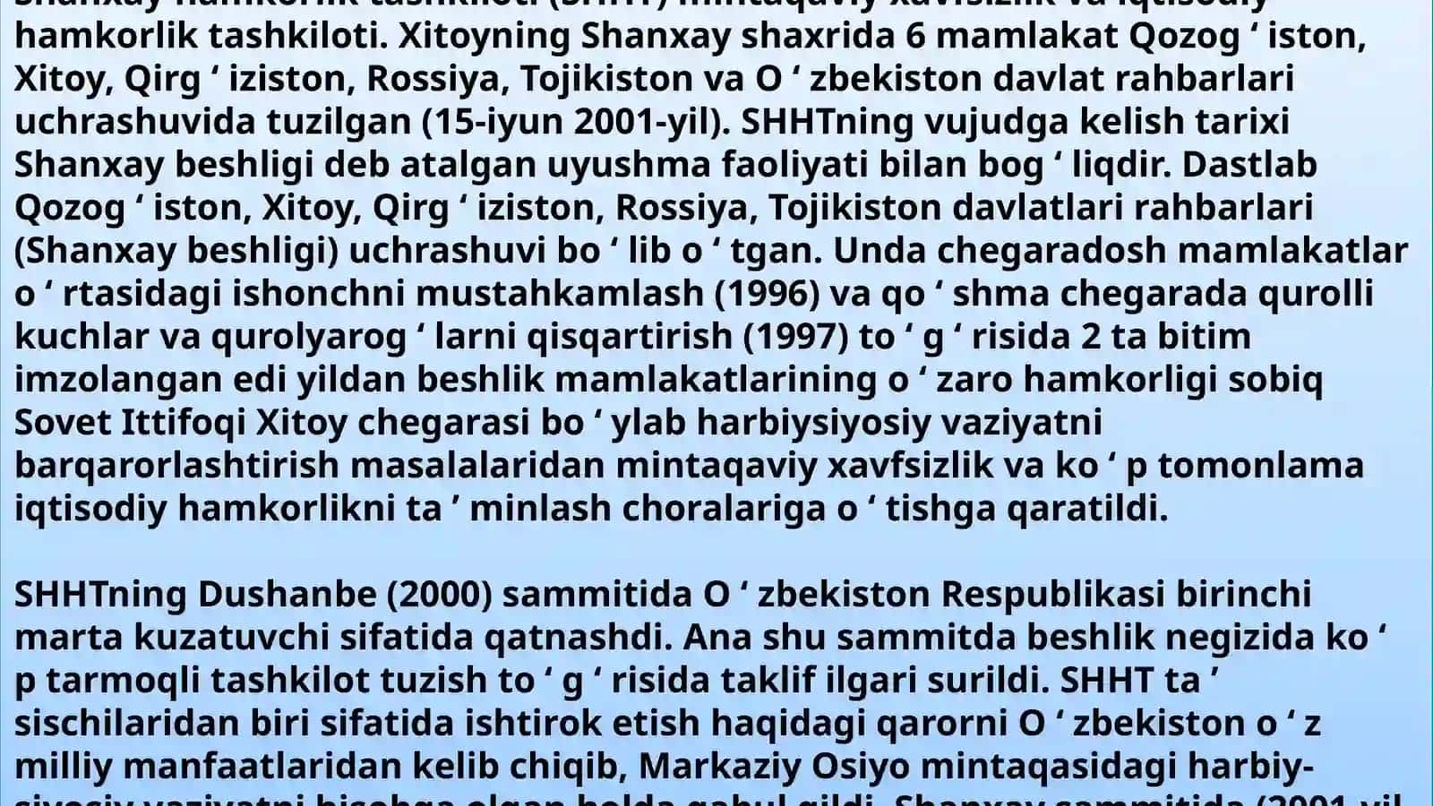 Oʻzbekistonning SHHT bilan hamkorlik munosabatlari 2